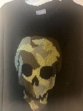 Wooden Ships Black Crewneck Sweater with Camo Skull